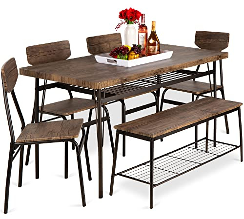 Best Choice Products 6-Piece 55in Modern Dining Set for Home, Kitchen, Dining Room w/Storage Racks, Rectangular Table, Bench, 4 Chairs, Steel Frame - Brown