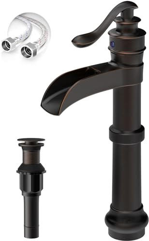 BATHLAVISH Oil Rubbed Bronze Vessel Sink Faucet, Brass Waterfall Tall Bathroom Faucet Single Handle Bathroom Sink Faucets Single Hole with Pop Up Drain and Supply Hoses Mixer Tap Deck Mount