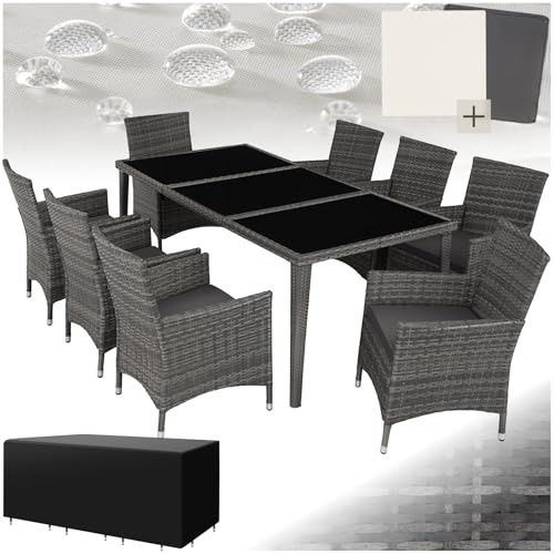tectake® Set Mobili da Giardino, Set Sedie da 8 e Tavolo da Giardino con Piano in Vetro, Regolabile, Cuscini, 2 Set Rivestimenti, Copertura, Set in Rattan da Esterno – Grigio