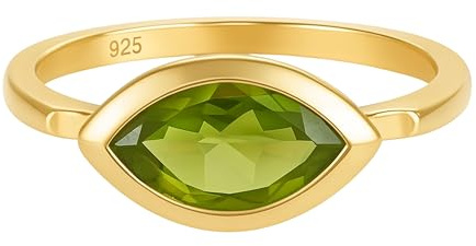 Bague Marquise Péridot en Argent Sterling Plaqué Or - Anneau Fin avec Pierre Verte Naturelle Sertie Clos (US Size 9 / Diameter 19 / EU 59)