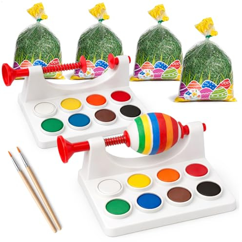 com-four® 6-teiliges Oster-Deko-Set, Eiermalmaschinen mit 8 Farben | Pinsel und Ostergras ideal für Osternester - Malzubehör - Osterdekoration leicht selber machen