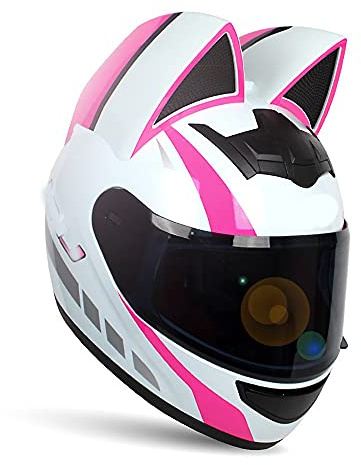 Fille Femmes Casque de moto Casque d'oreille de chat DOT/Ececertified Casque de moto intégral Casques MOTO quatre saisons avec pare-soleil pour Street Bike Racing Motocross ATV 6,S