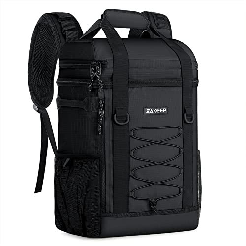 ZAKEEP Kühlrucksack, 36 Dosen Multifunktionaler Auslaufsicherer Kühlrucksack mit gepolstertem Tragegriff Oben, Netztasche für Camping BBQ (Schwarz)