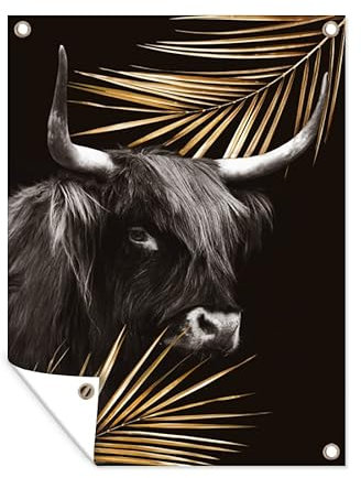 MuchoWow Outdoor-Poster Poster Wanddeko draußen Deko Garten Gartenposter 90x120 cm Schottischer Highlander - Gold - Farn