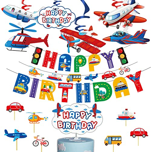 YiiiGoood Kindergeburtstag Flugzeug Geburtstag Deko Fahrzeug Kindergeburtstag Dekoration Happy Birthday Girlande Spiralen Kuchendeko Kinder Geburtstagsdeko Mädchen Jungen