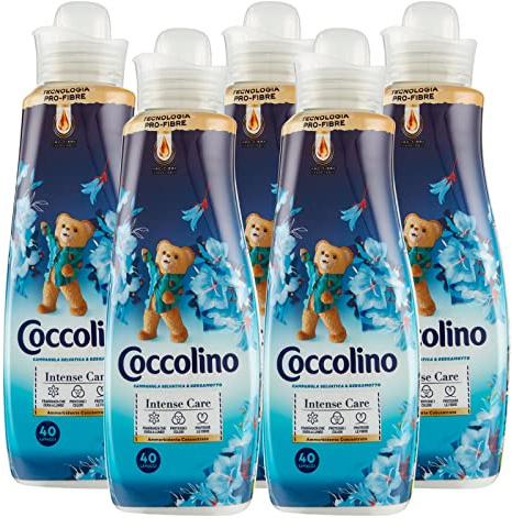 5x Coccolino Intense Care Ammorbidente Concentrato Profumo di Campanula Selvatica e Bergamotto 200 Lavaggi Totali - 5 Flaconi da 1 Litro Ognuno