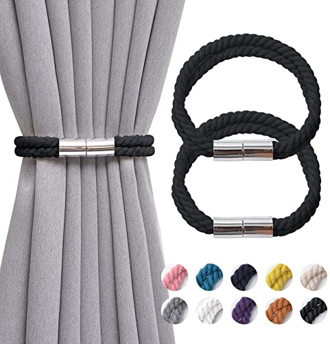 Pretty Jolly 2 Stück starke magnetische Vorhang-Raffhalter, Boho-Dekoration, Vorhang-Raffhalter, natürliche Baumwolle, Raffhalter für dünne oder dicke Zuhause und Büro, Fenstervorhänge (schwarz)