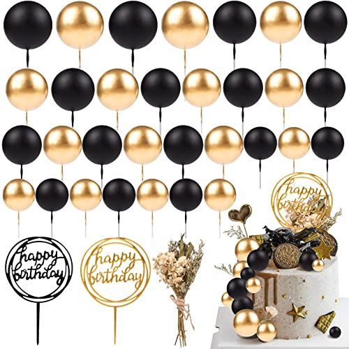33 PCS Mini Ball Cake Topper Cupcake Insert Acrylic Cake Topper Artificial Dried Flowers Cake Decorations for Anniversary Graduation Birthday Party Baby Shower (Black, Gold)