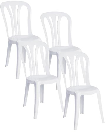 Solycarpa Pack 4 Silla Garrocha Alta Apilable Blanca sin Reposabrazos para Jardín, Camping y Playa. Silla Ergonómica de PVC, Cómoda, Resistente, Fácil de Transportar y Apilar para Catering.