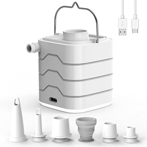 Elektrisk luftpump, uppladdningsbar batteridriven luftpump med lampa, miniluftpump, luftmadrass, simring, camping, gummibåt, 3 i 1 uppblåsning och tömning, luftpump, elektrisk med USB, 6 munstycken