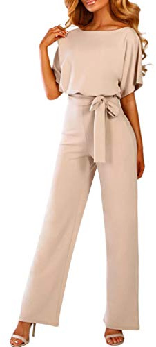 HAOLEI Women's Jumpsuits & Playsuits UK Elegant Loose Fit Boat Neck Jumpsuit Ladies Dungarees Short Sleeve Romper Wide Leg Bib Overalls Clubwear Straight Trousers Pants Playsuit with Belt Party Beige