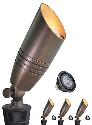 MALORY Brass Landscape Spotlights 4-Pack with Bulb Kit(S02), Low Voltage 12V AC/DC LED Outdoor Spot Uplights for House and Tree,PVC Ground Stake and Wire Connector Included, 5W 2700K Warm White