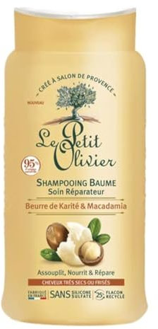 LE PETIT OLIVIER - Shampooing Baume Soin Réparateur - Karité & Macadamia - Nourrit & Répare - Cheveux Très Secs Ou Frisés - Sans Silicone & Sans Sulfate - Fabriqué en France - 250 ml