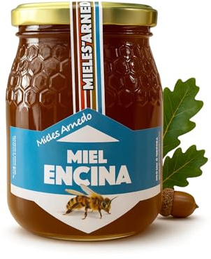 FAMILYCOM. Miel de Abeja Pura 100% Natural y Orgánica, Miel de Azahar, Encina, Romero y Tomillo. Cruda 1Kg Sin filtrar, Alta Concentración de Minerales. Sin pasteurizar. Artesana.(Encina)