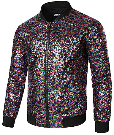 JOGAL - Giacca da uomo metallizzata con paillettes anni 70, bomber da baseball, per discoteca, nightclub, feste in maschera, multicolore, S