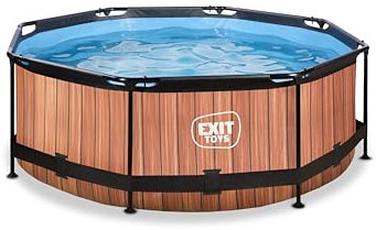 EXIT TOYS Piscine Tubulaire Wood - ø244x76cm - Piscine Hors Sol Ronde Compacte avec Pompe Filtrante à Cartouche - Entrée Basse - Idéal pour Les Jeunes Enfants - Cadre Stable - Design Unique - Marron