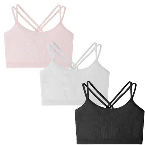 SEAUR 3 Pezzi Reggiseno Ragazza Reggiseno a Gilet Sportivo per Bambina Crop Top con Spaghetti Incrociati sulla Schiena e Imbottiture Fisse Colore 1 L