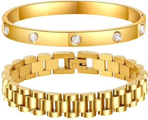 Ahokei Armreif Gold Armband Damen,18K Gold Edelstahl Dick Armkette Damen Armbänder Schmuck 2PC Titan-Stahl Armband Set 18CM Armreifen,Geschenk für Valentinstag Frauen