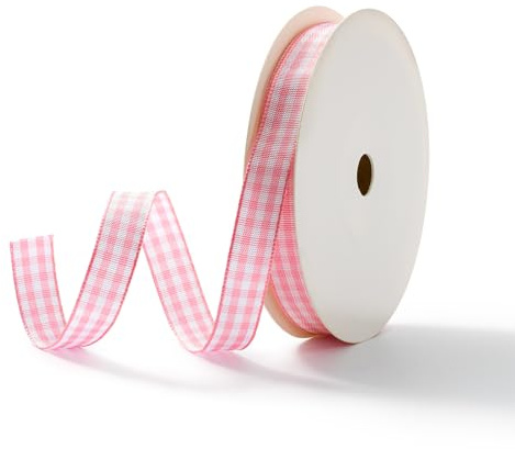 Karoband Schleifenband Kariert Geschenkband 38 mm x 23 m Rosa Weiß | Landhaus Dekoband für Festliche Geschenkverpackungen Strauß Dekoration Weihnachten