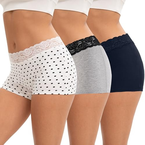 INNERSY Boxer Femme Coton Dentelle Culotte Shorty avec Entrejambe Lot de 3 | Culottes Taille Moyenne, Chic Hipster Boyshort sous Robe, Caleçon Court Élastique, Sans Étiquette, Confort Sport/Quotidien