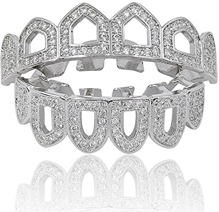 Generic Hip Hop Luxuriöse Zirkonia Zähne Männer 18K Gold überzogen Iced Out Rapper Kostüm Cosplay Grillz Vampire Zähne Silber Grills mit Extra Molding Bars Goldschmuck für Frauen Zähne,Silber