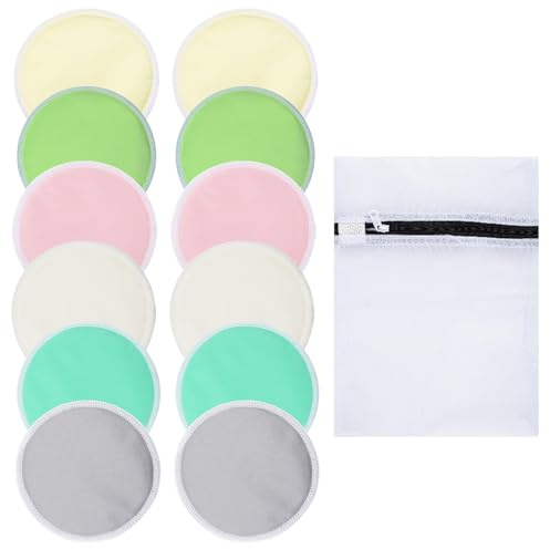 12 Pairs Organic Bamboo Nursing Pads, Reusable Breast Pads for Breastfeeding, Washable Nursing Pads Soft Absorbent Breast Pads Maternity with 1 Mesh Bag (6 Colors)