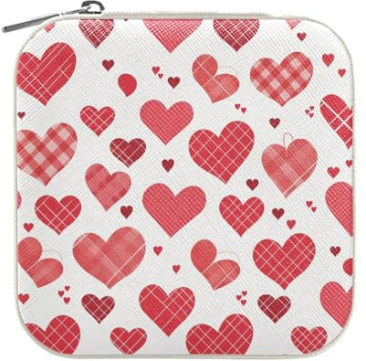 Yoogain Maletín de viaje con forma de corazón a cuadros para el día de San Valentín, mini organizador de almacenamiento de joyas para mujer, portátil para mujeres
