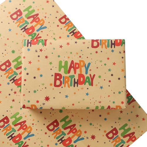 Birthday Wrapping Paper, Happy Gift Wrap for Boys Girls Men Women, 8 Sheet Recyclable Premium Classic Kraft Wrapping Paper for Birthday Party Baby Shower(50 * 70cm)