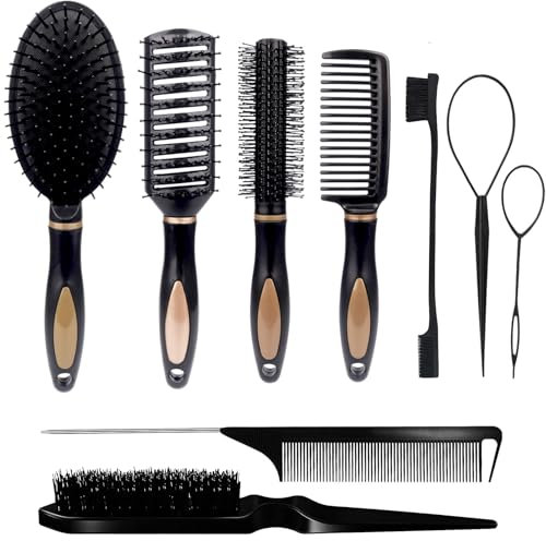Kit de brosses à cheveux professionnelles 9 pièces pour femmes, hommes et stylistes – Ensemble de peignes démêlants et antistatiques avec contrôle des bords, poils de sanglier et queue de rat pour