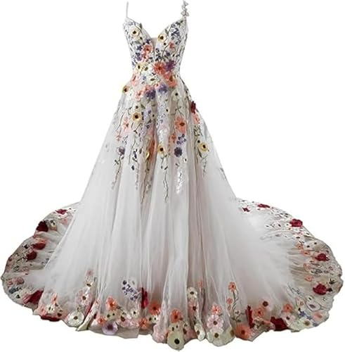 TSxuelian Vestidos de novia 3D con flores, estilo A, para playa, con cuello en corazón, largos, A-blanco, 38
