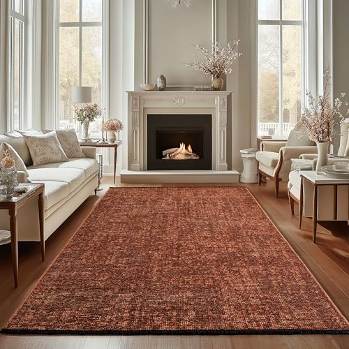 Carpettex Chenille Teppich Baumwolle Terrakotta 160x230 cm Boho-Stil, Vintage Kelim, Waschbar, Kurzflor, rutschfest & Weich, Einfarbig Meliert, Für Wohnzimmer, Schlafzimmer, Büro & Küche