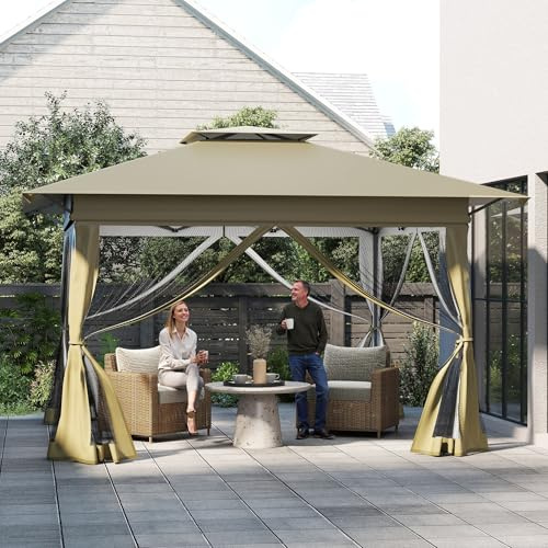 XMTECH 16 m² Pop-Up Gartenpavillon Khaki, Doppeldach, 4 Moskitonetze | UV-Schutz, 3-fach höhenverstellbar, faltbares Garten- und Partyzelt aus 210D Oxford-Gewebe, inkl. Tragetasche