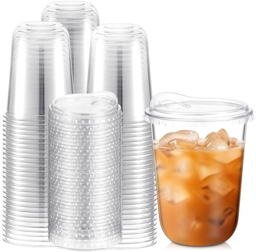 Vasos de plástico transparente con tapas sin popote, 100 tazas desechables Togo para café, batidos y bebidas frías, ideal para cafeterías y catering de fiestas (12 onzas)