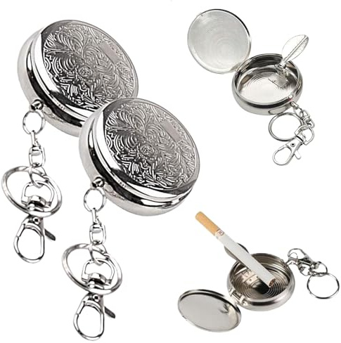2 Stück Tragbarer Taschenaschenbecher Geruchsdicht, Edelstahl Mobiler Aschenbecher für Unterwegs, Runde Reiseaschenbecher mit deckel und Schlüsselring für Camping und Outdoor-Gebrauch (Sliber 1)