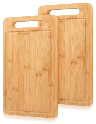 2 Pcs Tabla Cortar Cocina Madera, Tabla de Cortar Bambu, Cutting Board de Bambú con Ranuras para Jugo Carne, Frutas, Verduras, Regalo para Casa y Apartamento (30 x 20 cm)