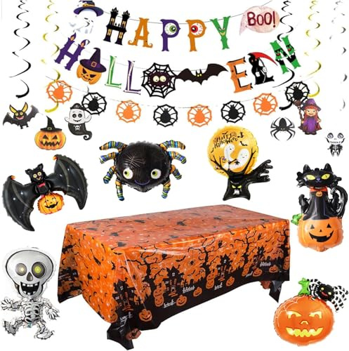 Decorazioni Halloween Kit Completo – Palloncini Foil Zucca Pipistrello Ragno, Banner Happy Halloween, Ghirlande e Tovaglia, Addobbi Festa per Casa, Scuola, Interno ed Esterno