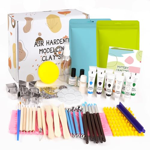 Sophisticate Töpfer-Set mit Acrylfarben,Ton Set Ohne Brennen,Töpferset für Anfänger mit lufttrocknendem Ton,Selbsttrocknender ton Diy set,mit Modellierwerkzeug,Töpfern Zuhause für Anfänger