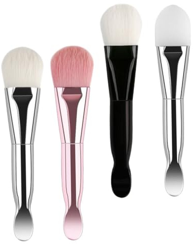 Pinceau Applicateur de Masque Facial à Double Tête en Silicone 4 Pièces | Poils Souples Cuillère Intégrée, Prise Ergonomique, Séchage Rapide, Nettoyage Facile, Couverture Étendue