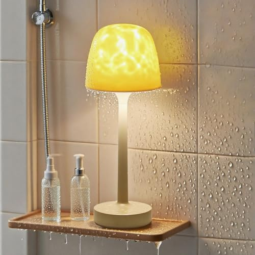 Funlenry Spa-Like Shower Lamp - Waterproof Bathroom Lamp with 16 Color Ocean Wave Projector, Rechargeable Table Lamp with Remote & Touch Control, Cordless Light for Shower, Bathroom, Bathtub
