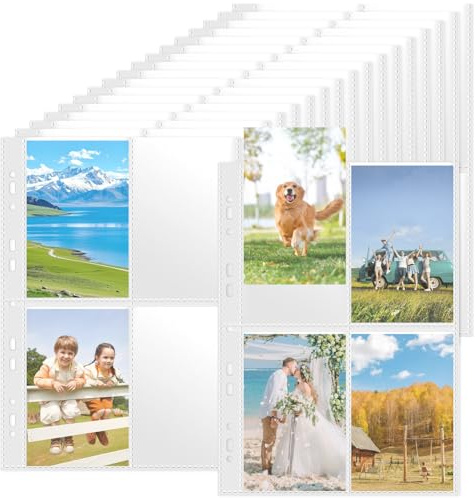 60Pcs 480 Taschen A6 Foto Hüllen für A4 2/3/4 Ringbuch, 4 Fächer Wasserdichte Klarsichthüllen A4, 11 Löcher Foto Klarsichtfolien,Transparente Photocard Sleeves für Sammelkarten,Postkarten Aufbewahrung