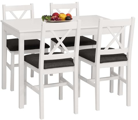 Mendler Esszimmer-Set HWC-F77 110cm Holz - weiß Polster schwarz | Sitzgruppe, Esszimmergruppe, Massiv-, Kiefer, Stoff, Landhaus