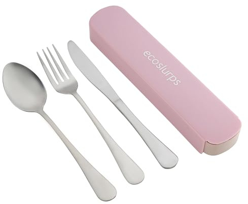 EcoSlurps Travel Cutlery in Sliding case - British Designed 304 Grade Steel Cutlery Including Fork Knife and Spoon Inside Sliding case, Essential for Camping and Eating on the go (Pink)