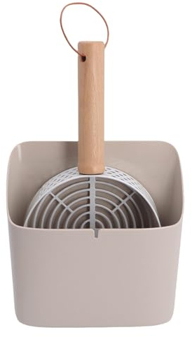 Aoaoy Pala de arena para gatos con soporte, colador con mango de madera de acero inoxidable, pala de arena extraíble con base de almacenamiento, para limpiar grava de mascotas y residuos de jardín
