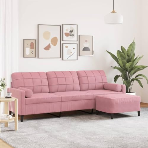 Keeushr 3-Sitzer-Sofa mit Hocker 210 cm Samt Rosa Polstergarnitur Ruhebank für Wohnzimmer mit Metallgestell und dick gepolsterten Sitzflächen