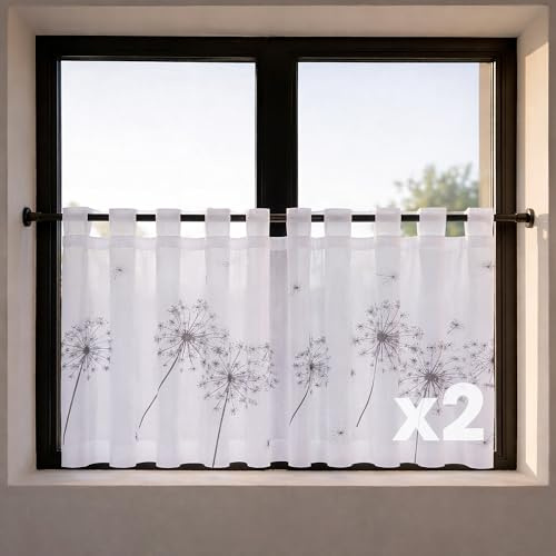 Happy Home 2er- Set Scheibengardine Pusteblume Weiß Schwarz 145x50 cm – Moderne Bistrogardine mit Schlaufen – Halbtransparente Kurzgardine & Sichtschutz für Küche & Bad