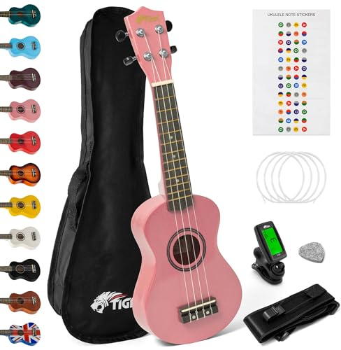 TIGER UKEKIT Ukulele-Set für Anfänger, Sopran-Ukulele, Stimmgerät, Gurt, Uke Stickers, Ersatzsaiten und Filzplektrum - Rosa - | Für Anfänger. Inklusive Chrom-Stimmgerät, Gurt, Etui, Griffbrett-Aufkleber, Filzplektrum, Ersatzsaiten