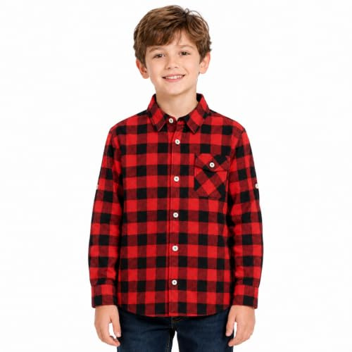 Bienzoe Boys Button Down Shirt: Kids Plaid Flannel Long Sleeve Shirts Red Black 7/8