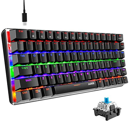 Tastiera meccanica, Tastiera meccanica per giochi con cavo USB retroilluminata a LED Rainbow AK33, tastiera da gioco meccanica compatta a 82 tasti con tasti anti-ghosting (Interruttore Blu, Nero)