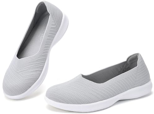 konhill Women's Loafers Slip on Knit Dressy Shoes Casual Low-Top Flats Comfortable Lightweight Walking Shoes 6.5UK Light Gray