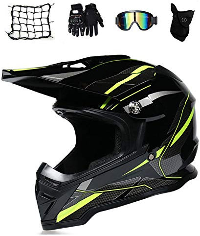 MRDEAR Crosshelm Schwarz, Motorrad Enduro Helm, Motocross Helm Set, Brille/ Handschuhe/ Maske/ Motorrad Netz, Off Road Helm Mopedhelm Motorradhelm ATV Downhill MTB, 2 Farben,Grün,M